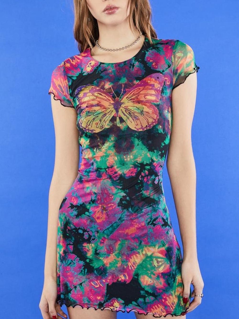 NWT Delia’s by Dolls Kill Tie Dye Social Butterfly Mesh Rhinestone Mini Dress XS